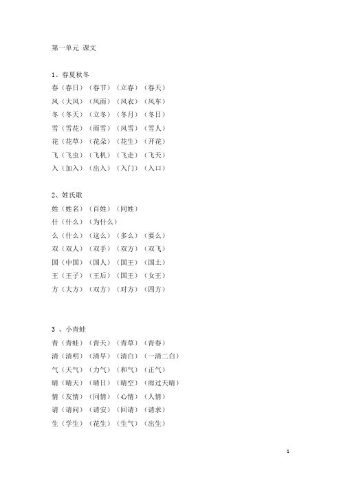 人教版一年级下册生字组词 (一字四词)