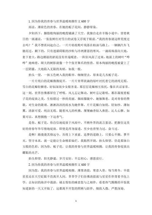 因为你我的青春与世界温暖相拥作文600字(精选)
