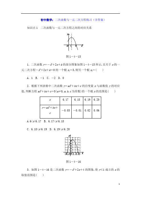 初中数学：二次函数与一元二次方程练习(含答案)