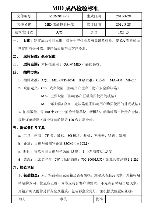 MID成品检验标准