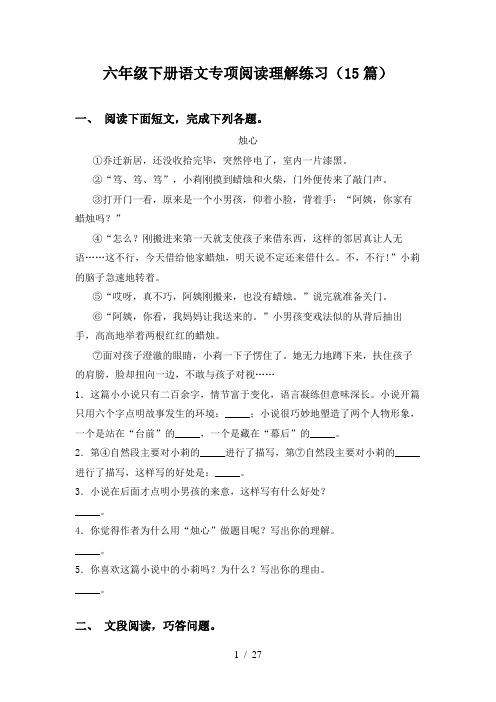 六年级下册语文专项阅读理解练习(15篇)