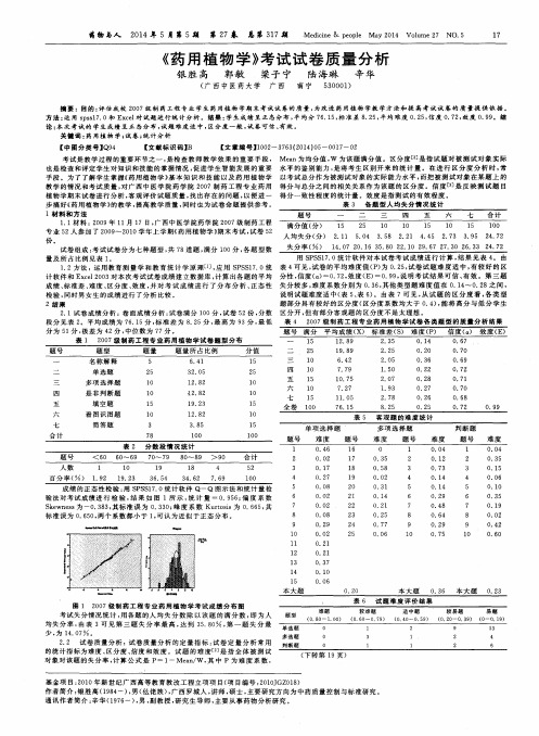 《药用植物学》考试试卷质量分析