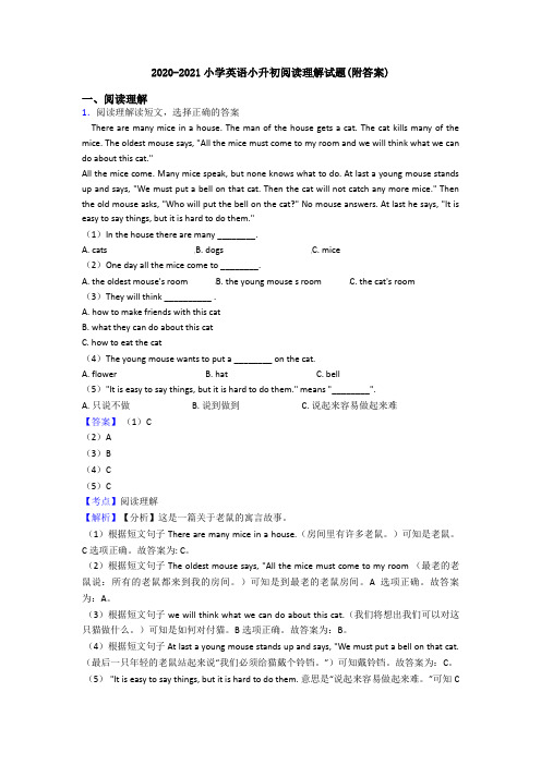 2020-2021小学英语小升初阅读理解试题(附答案)