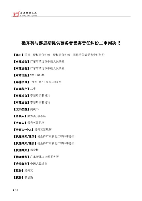 梁秀英与黎思斯提供劳务者受害责任纠纷二审判决书