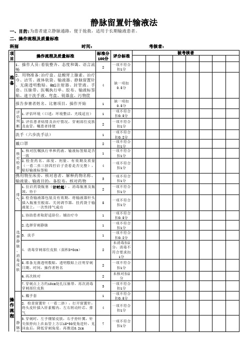 静脉留置针输液法操作流程及质量标准