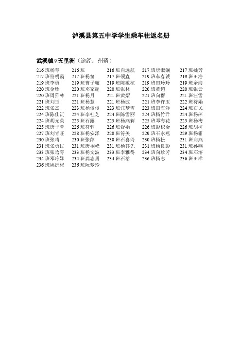 2013年秋泸溪县第五中学学生乘车往返名册