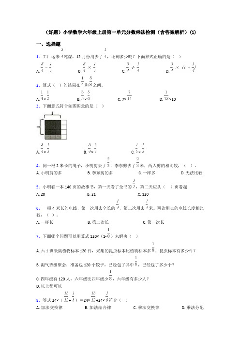 (好题)小学数学六年级上册第一单元分数乘法检测(含答案解析)(1)