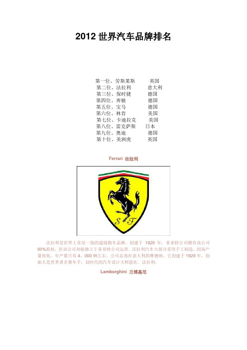 2012世界汽车品牌排名