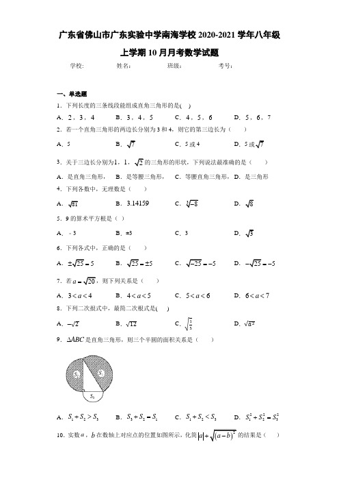 广东省佛山市广东实验中学南海学校2020-2021学年八年级上学期10月月考数学试题