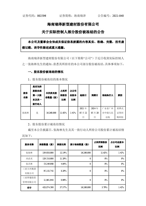 002596海南瑞泽：关于实际控制人部分股份被冻结的公告