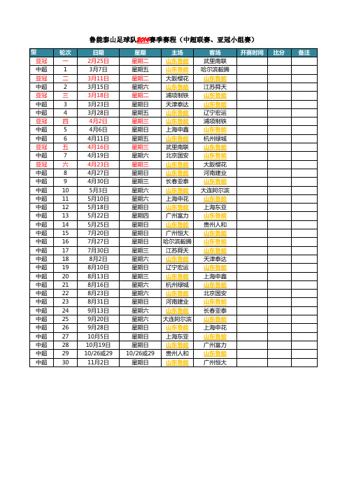 鲁能泰山足球队2014赛季赛程(中超联赛、亚冠小组赛)