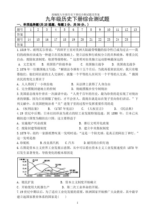 部编版九年级历史下册综合测试题及答案