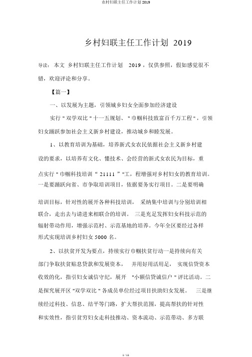 农村妇联主任工作计划2019