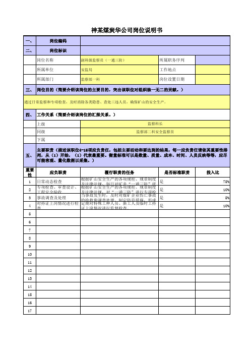 某五大电力煤炭公司岗位说明书安监局监察部监察科监察员(一通三防)