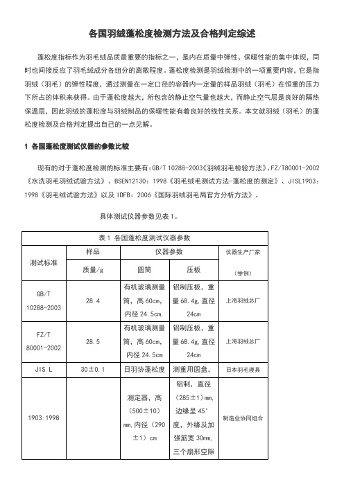 各国羽绒蓬松度检测方法及合格判定综述