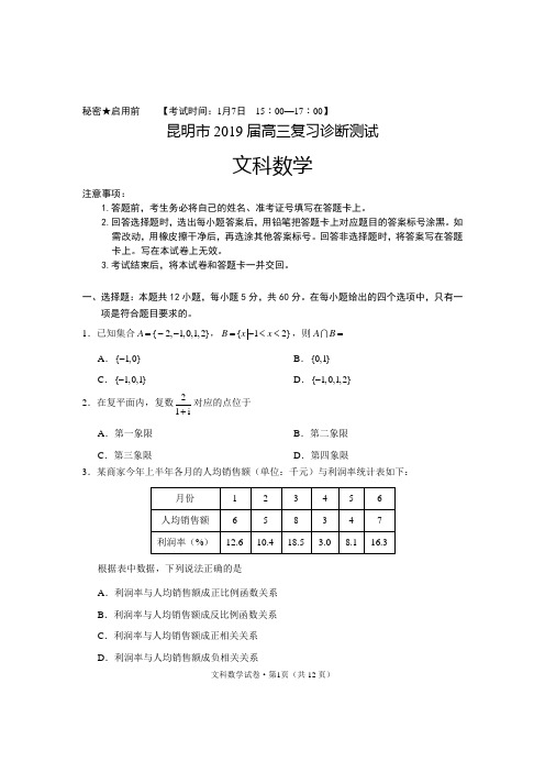 昆明市2019届高三复习诊断测试文数试卷