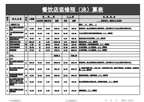 餐饮店面装修预算清单EXCEL模板(完整版)