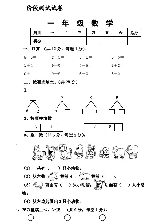 小学一年级数学第一次阶段测试试卷