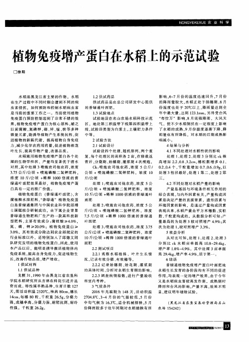 植物免疫增产蛋白在水稻上的示范试验