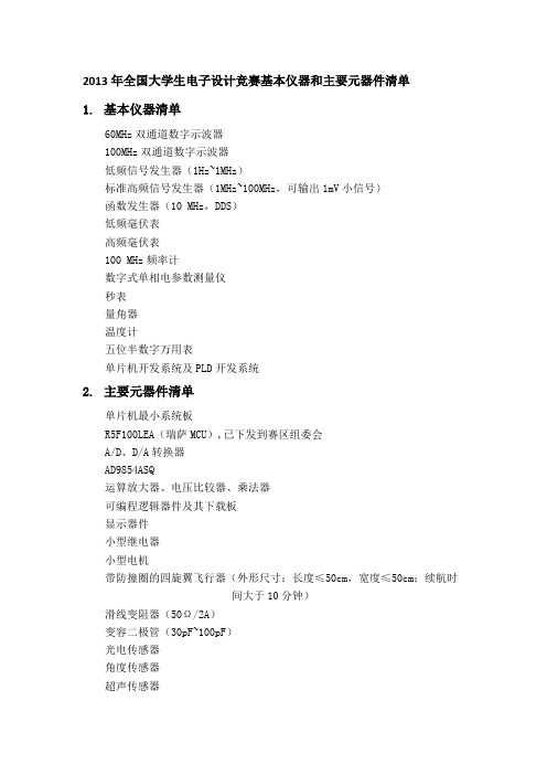 2013年全国大学生电子设计竞赛基本仪器和主要元器件清单