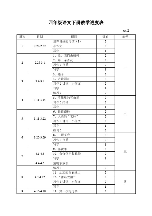 四年级语文下册教学进度表