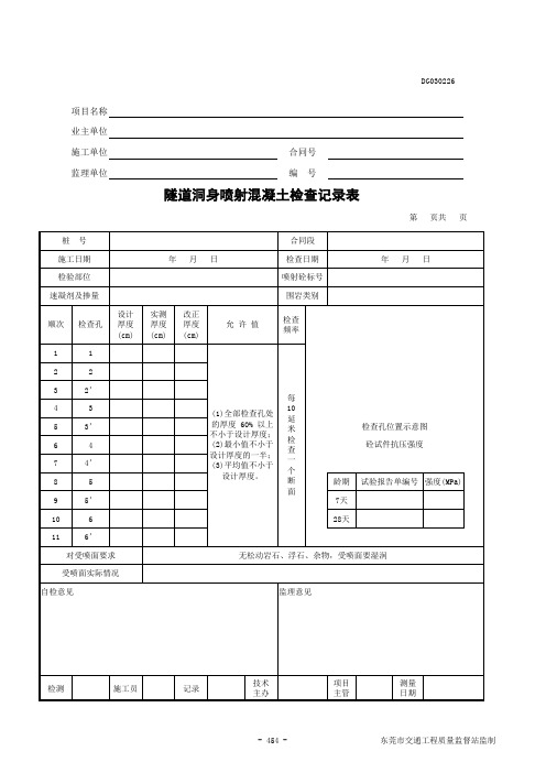 隧道洞身喷射混凝土检查记录表 DG030226