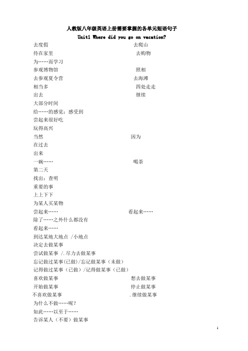 人教版八年级英语上册需要掌握的各单元短语句子(中文版)