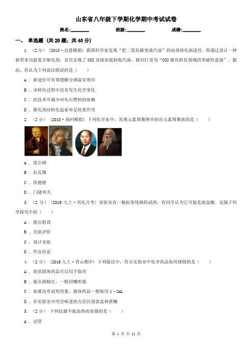 山东省八年级下学期化学期中考试试卷