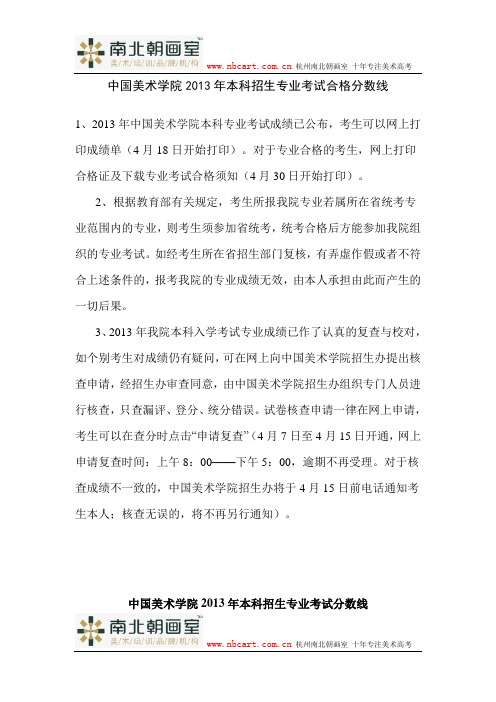 中国美术学院2013年本科合格分数线