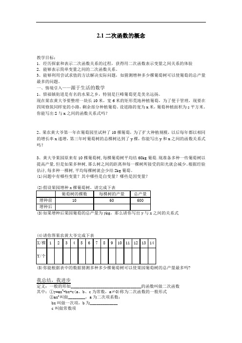 数学北师大九年级下册二次函数的概念优秀导学案