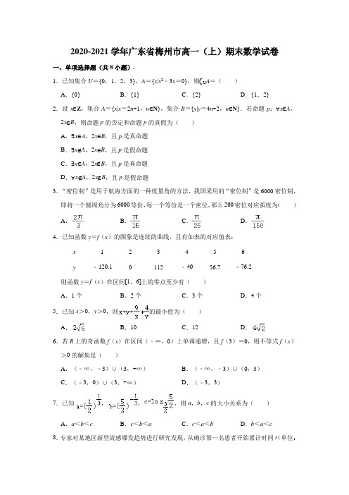 2020-2021学年广东省梅州市高一(上)期末数学试卷 (解析版)