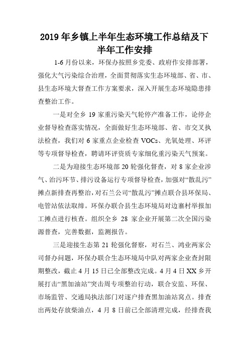 2019年乡镇上半年生态环境工作总结及下半年工作安排.doc