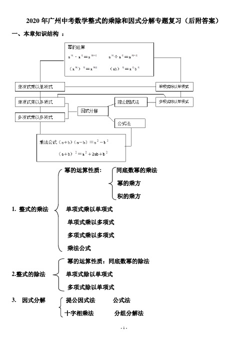 2020年广州中考数学整式的乘除和因式分解专题复习(后附答案)