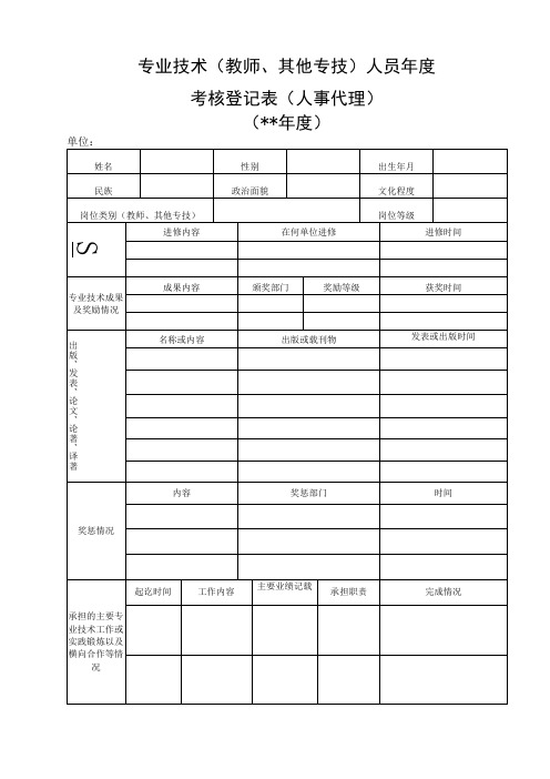 专业技术(教师、其他专技)人员年度考核登记表(人事代理人员)