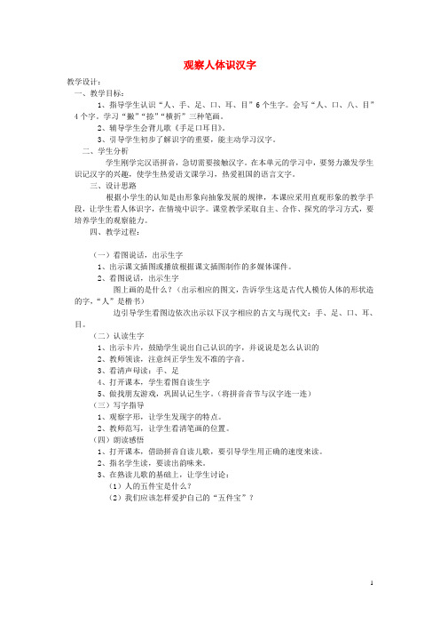 一年级上册 观察人体识汉字教案 语文S版