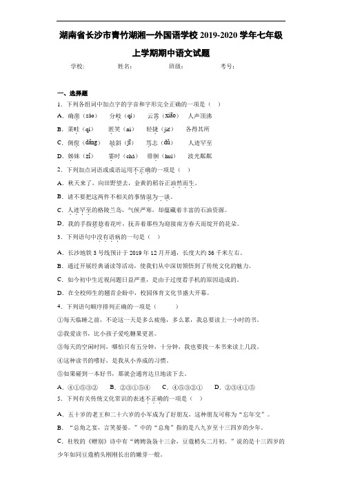 湖南省长沙市青竹湖湘一外国语学校2019~2020学年七年级上学期期中语文试题