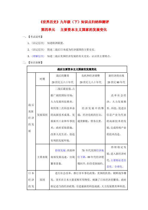 九年级历史下册 第四单元《战后主要资本主义国家的发展变化》知识点归纳和测评 人教新课标版