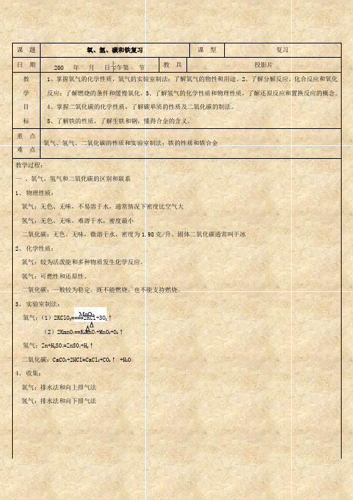 科学：初三总复习《氧、氢、碳和铁》复习教案(浙教版八年级下)