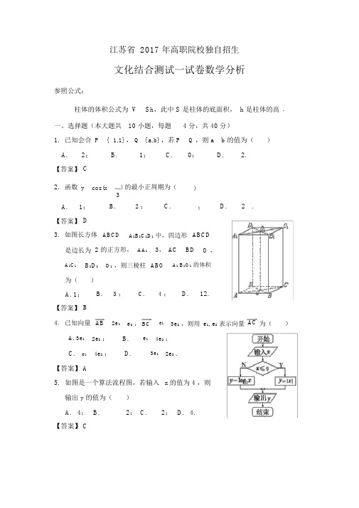 江苏省2017年高职院校单独招生文化联合测试数学试题及答案