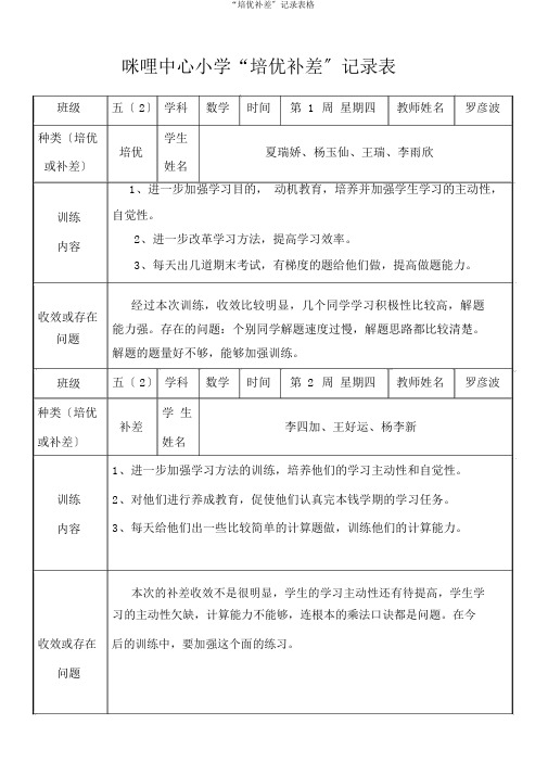 “培优补差”记录表格