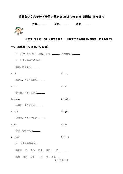 苏教版语文六年级下册第六单元第20课古诗两首《墨梅》同步练习