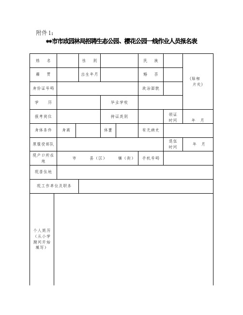 廉江市市政园林局招聘生态公园、樱花公园一线作业人员报名表【模板】