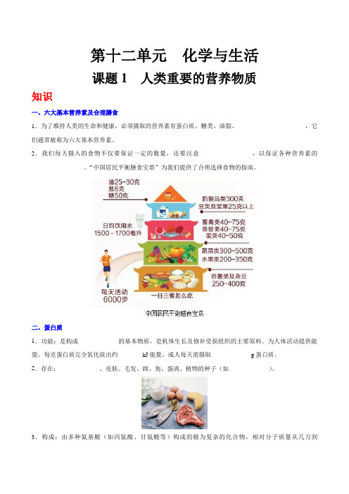 人教版初中化学九年级下专题训练,同步练习,复习补习资料：专题12.1 人类重要的营养物质