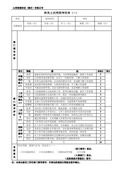 新员工试用期考核表