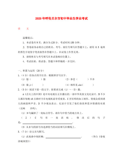 内蒙古呼伦贝尔市2020年中考语文真题试题