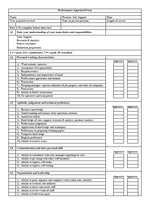 员工年终表现考核表(英文Performance Appraisal Form)