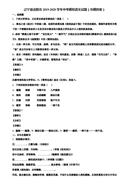 辽宁省沈阳市2019-2020学年中考模拟语文试题(市模拟卷)含解析