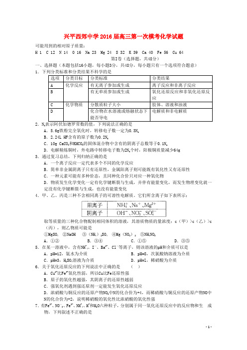 陕西省兴平西郊高级中学2016届高三化学上学期第一次模拟考试试题