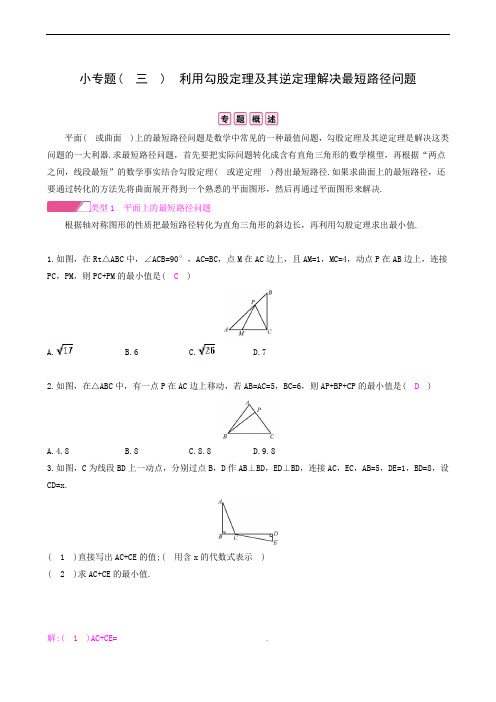 人教版八年级数学下册同步练习 小专题(  三  ) 利用勾股定理及其逆定理解决最短路径问题
