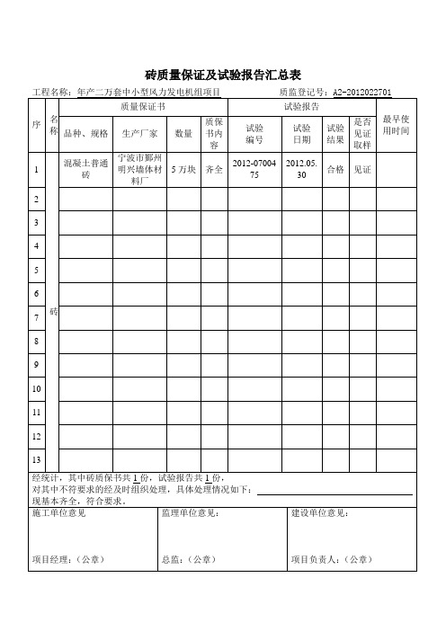 砖质量保证及试验报告汇总表